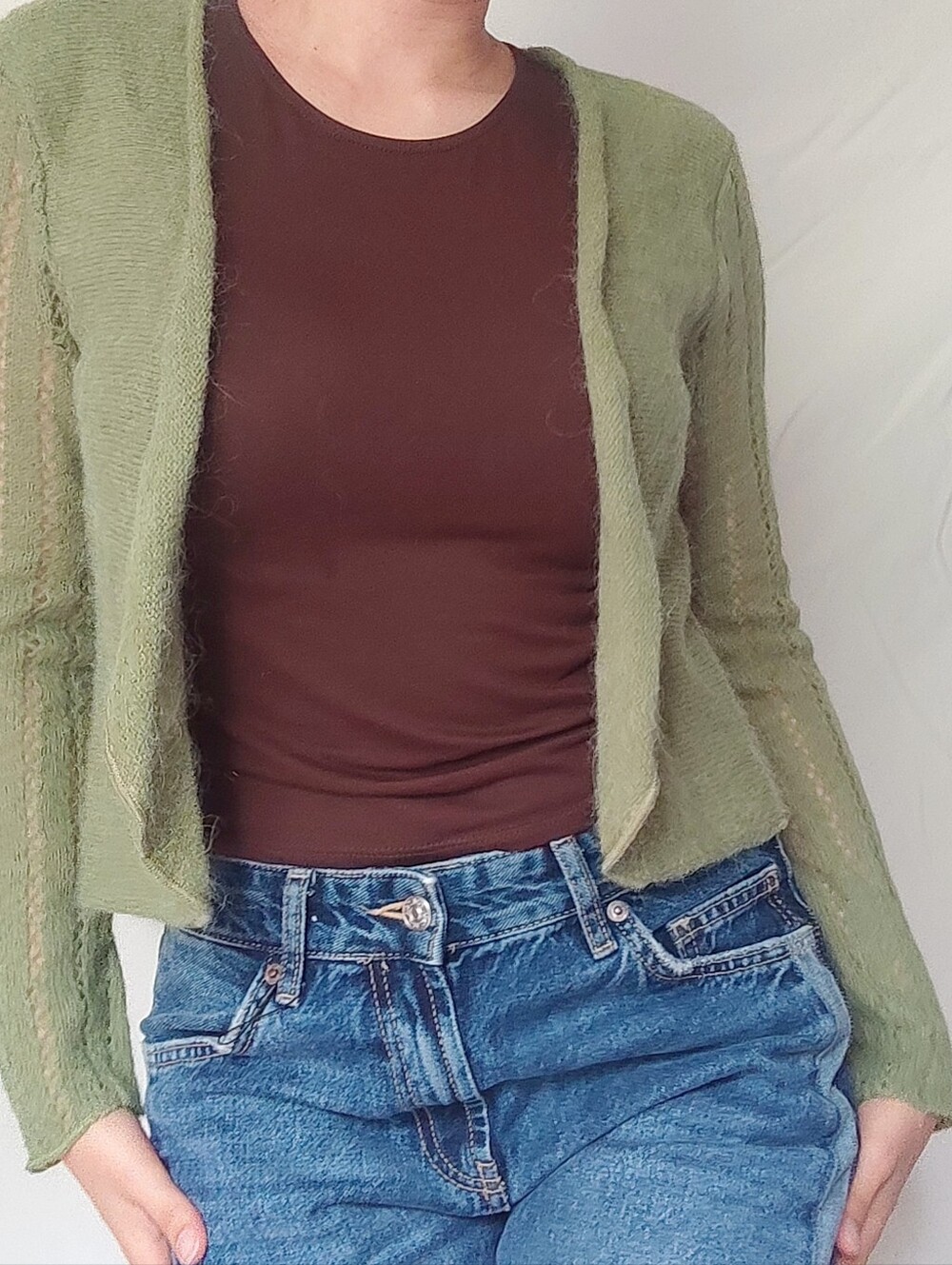 Exist Green Alpaca Blend Knitted Semi Cropped Open Cardigan